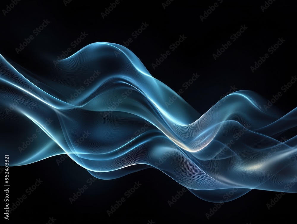 A flowing smooth wave with transparent blue light beams on a dark background. A flowing smooth wave with transparent blue light beams on a dark background.