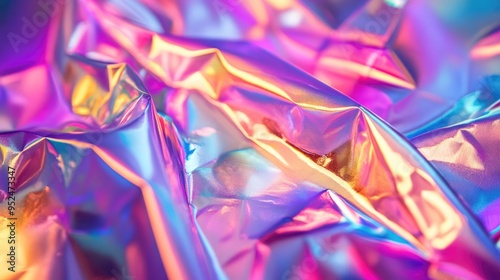 A close-up of a holographic foil design, reflecting light in various colors and adding a futuristic touch