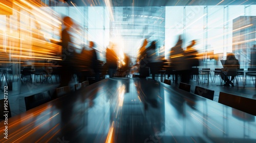 Long exposure shot. A dynamic office with blurred movement and activity, promoting collaboration in a modern workspace