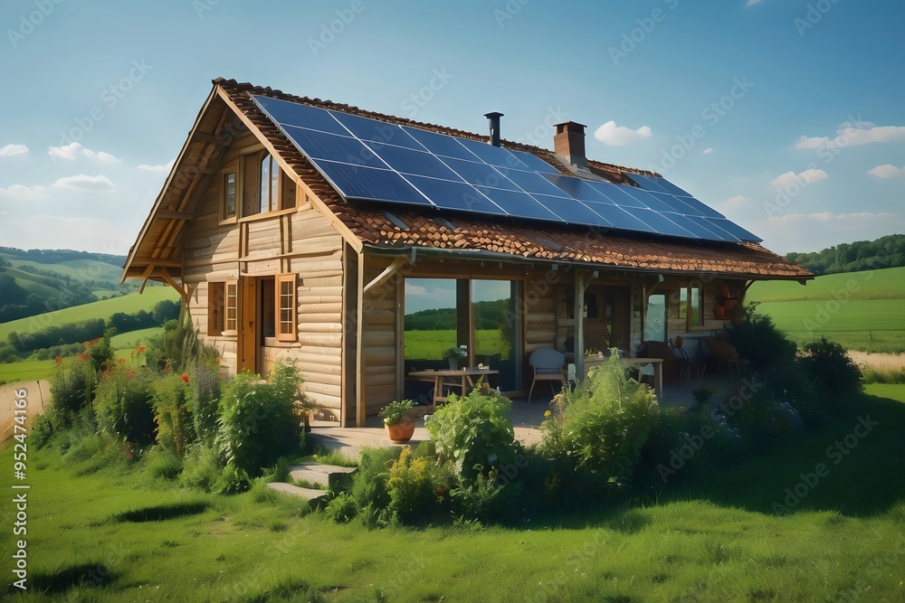 Modern Residential Home with Solar Panels Installed on Roof for Sustainable Energy Production and Eco-Friendly Power Solutions in a Clean Energy Efficient Building Modern Residential Home with Solar Panels Installed on Roof for Sustainable Energy Production and Eco-Friendly Power Solutions in a Clean Energy Efficient Building