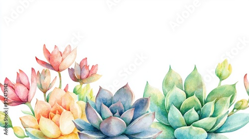 Wallpaper Mural Succulent with blooming flowers, colorful blossoms on top, Watercolor style Torontodigital.ca