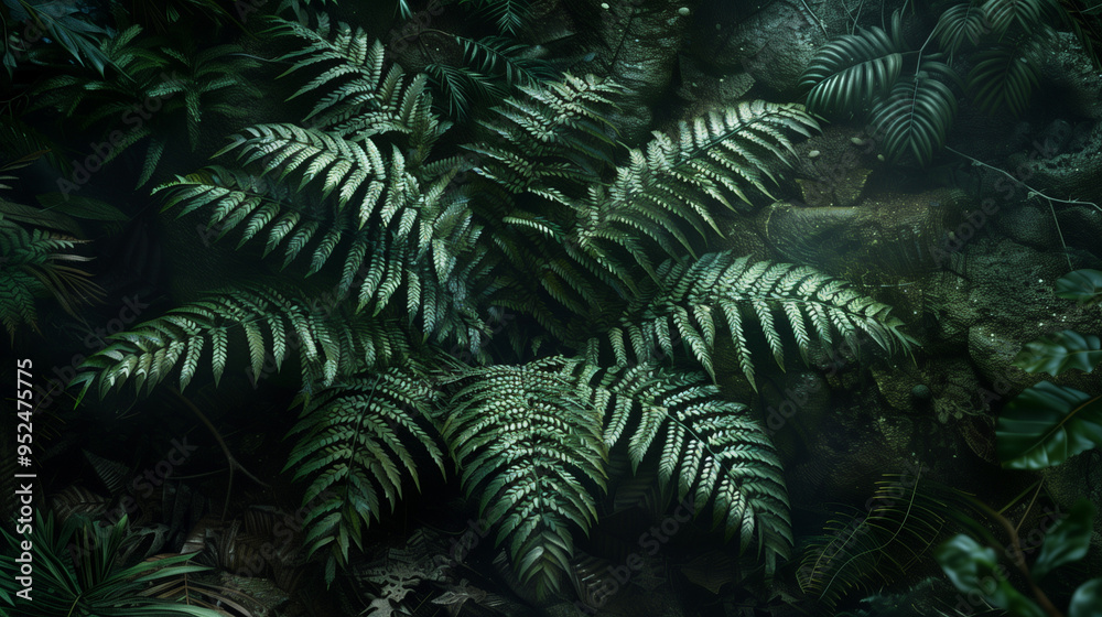Close-up of lush green fern leaves in a dark, dense tropical forest setting, illuminated by soft light, highlighting the intricate details and textures of the foliage. Close-up of lush green fern leaves in a dark, dense tropical forest setting, illuminated by soft light, highlighting the intricate details and textures of the foliage.