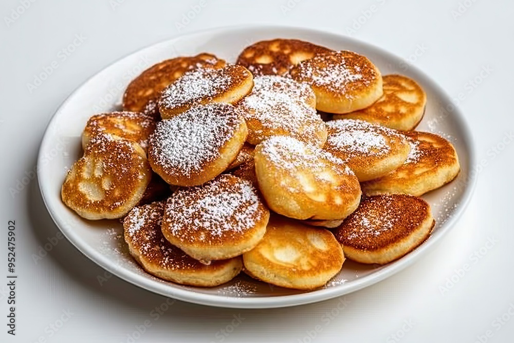 Homemade Dutch Poffertjes Pancakes with Powdered Sugar isolated on white background Homemade Dutch Poffertjes Pancakes with Powdered Sugar isolated on white background