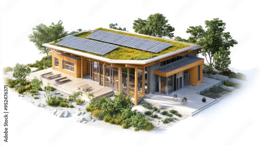 Modern eco-friendly house with solar panels and a green roof surrounded by nature. Modern eco-friendly house with solar panels and a green roof surrounded by nature.