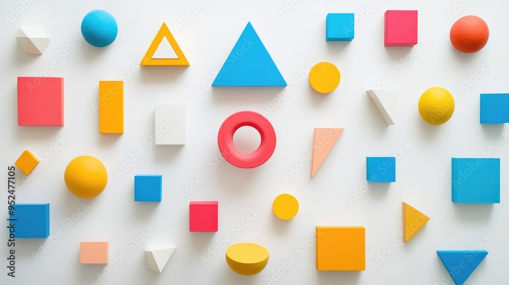 A flat lay of geometric shapes in vibrant colors arranged on a white background, perfect for modern design inspiration A flat lay of geometric shapes in vibrant colors arranged on a white background, perfect for modern design inspiration