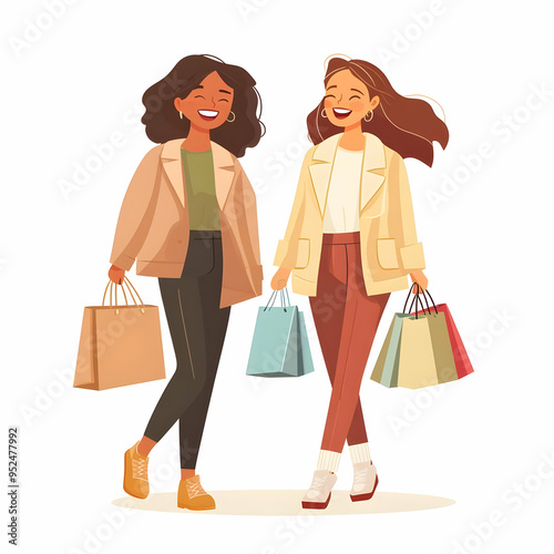 Flat Friends Shopping Together concept as Candid shot of two friends laughing and carrying shopping bags as they walk through a mall during Black Friday capturing the fun and social aspect of the shop