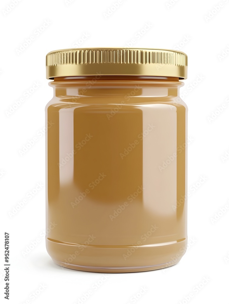 Classic Glass Peanut Butter Jar with Brushed Metal Lid on Bright White Background Classic Glass Peanut Butter Jar with Brushed Metal Lid on Bright White Background