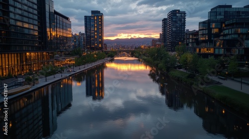 A modern cityscape at dusk, featuring high-rise buildings along a calm river that reflects the colorful sunset and cloudy sky.