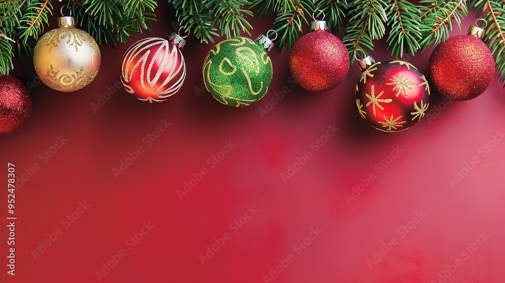 Naklejka premium Festive Christmas Background with Red and Gold Ornaments, Pine Branches, and Candy Cane on Red Backdrop with Space for Text, Featuring Sparkling Lights and Holiday Decorations