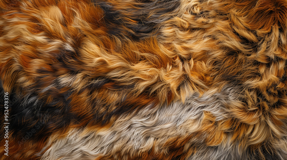 Close-up view of a colorful, textured fur pattern in shades of orange, black, and white, evoking a sense of warmth and wildness. Close-up view of a colorful, textured fur pattern in shades of orange, black, and white, evoking a sense of warmth and wildness.