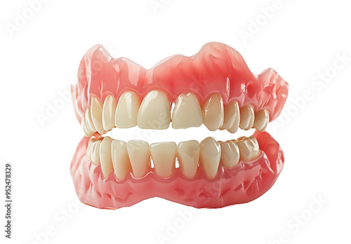 Complete dentures with teeth, gums and bone to protect an isolated transparent background