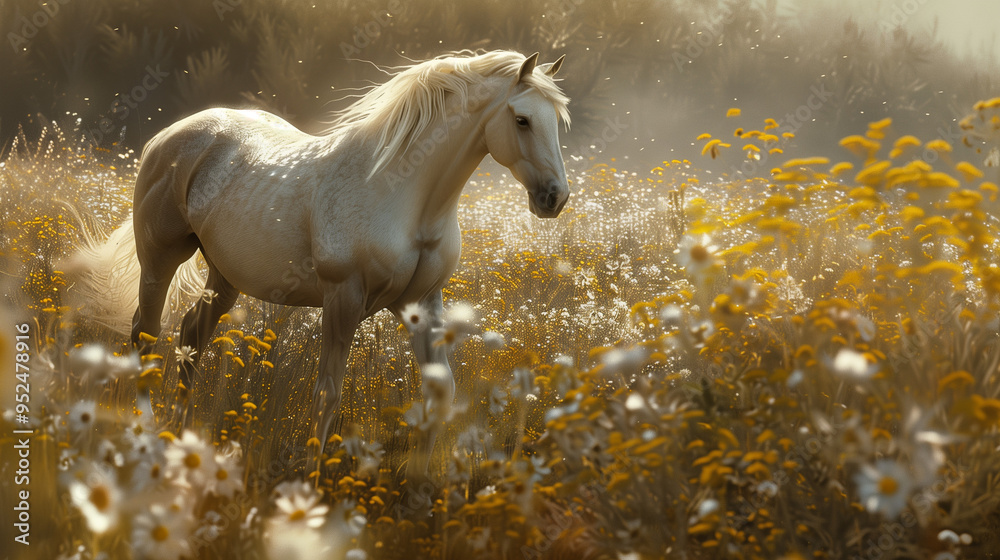 A majestic white horse standing in a sunlit meadow full of blooming wildflowers, surrounded by a warm golden haze, highlighting the peaceful and serene atmosphere. A majestic white horse standing in a sunlit meadow full of blooming wildflowers, surrounded by a warm golden haze, highlighting the peaceful and serene atmosphere.