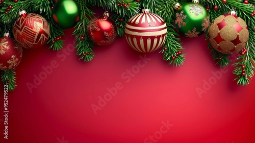 Festive Christmas Background with Red and Gold Ornaments, Pine Branches, and Candy Cane on Red Backdrop with Space for Text, Featuring Sparkling Lights and Holiday Decorations