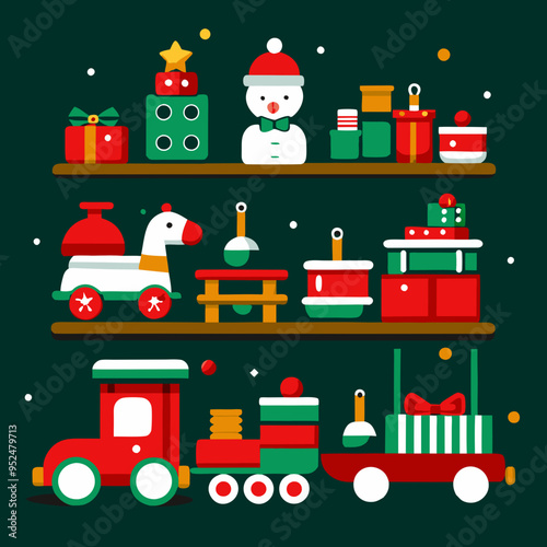 Santa's Toy Workshop Shelves, Festive Christmas Toy Display Illustration photo