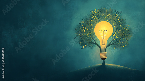 Illustration d'une ampoule avec un arbre aux feuilles vertes à l'intérieur, sur une colline éclairée, avec un ciel bleu foncé en arrière-plan.