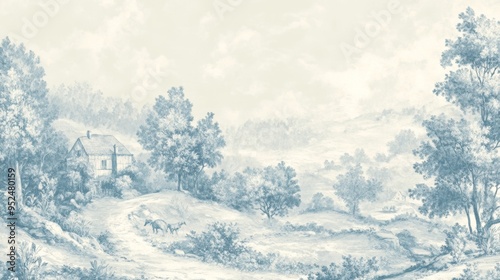 A classic French toile de Jouy wallpaper featuring pastoral scenes in a single color, such as blue or red, set against a light background. The scenes depict rural life, with detailed illustrations of