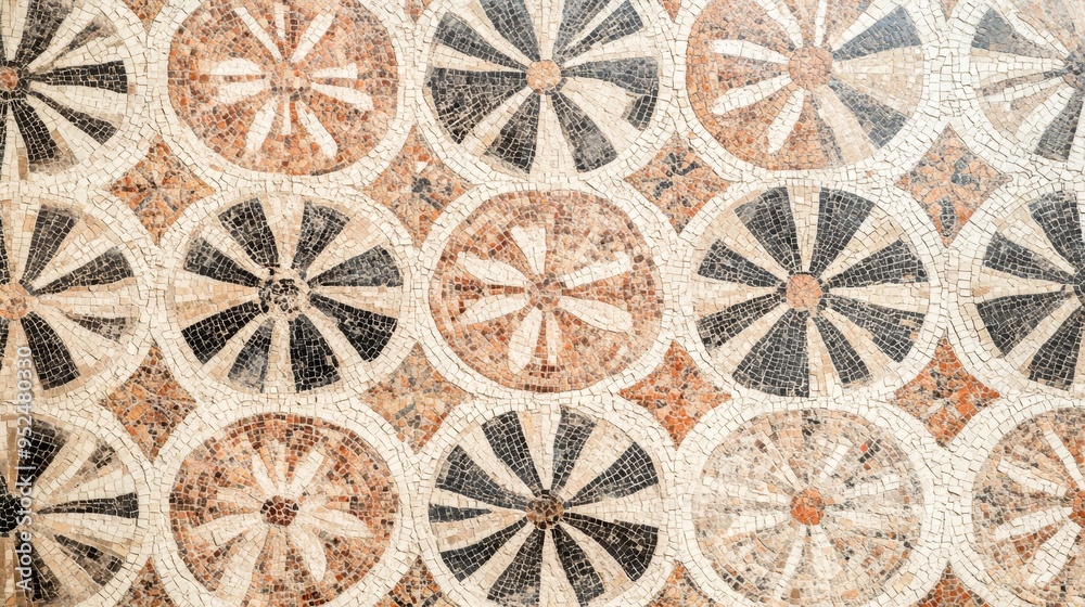 A classic Greek mosaic design featuring intricate patterns of geometric shapes and natural motifs in earthy tones like terracotta, olive, and ochre. The tiles are arranged in a repeating pattern, A classic Greek mosaic design featuring intricate patterns of geometric shapes and natural motifs in earthy tones like terracotta, olive, and ochre. The tiles are arranged in a repeating pattern,