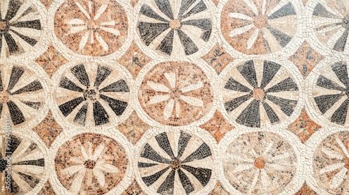 A classic Greek mosaic design featuring intricate patterns of geometric shapes and natural motifs in earthy tones like terracotta, olive, and ochre. The tiles are arranged in a repeating pattern,