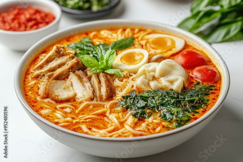 Bowl of Spicy Noodle Soup with Chicken, Egg, and Dumplings