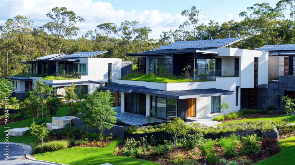 Modern houses with green roofs and solar panels in a natural setting. Modern houses with green roofs and solar panels in a natural setting.