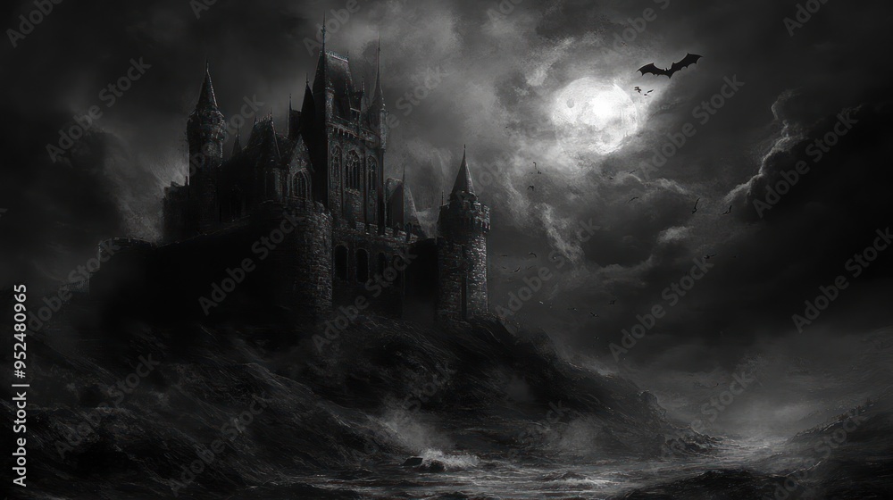 Fototapeta premium A Dark and Stormy Night with a Haunted Castle on a Cliff Overlooking a Roiling Sea