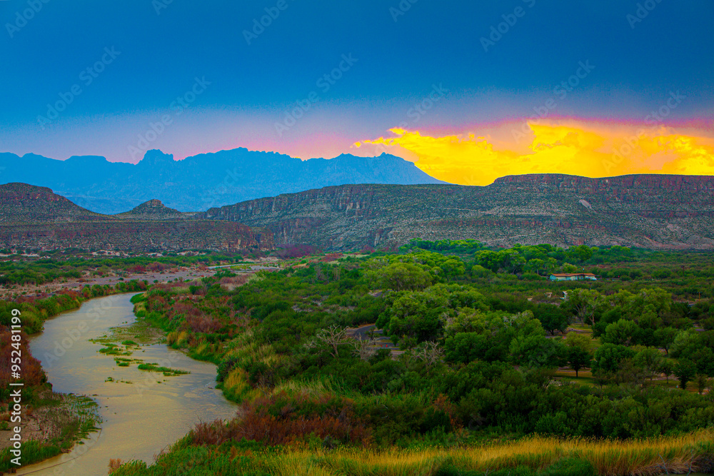 Sunset picture showing Rio Grande River flowing into Boquillas Canyon. Sunset picture showing Rio Grande River flowing into Boquillas Canyon.
