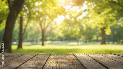 A serene outdoor scene featuring a wooden table in a sunlit park with lush green trees and a blurred background.