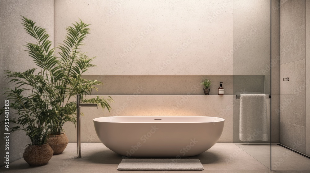 A minimalist bathroom with a sleek, modern design. The room features a freestanding bathtub, a few simple fixtures, and a small potted plant adding a touch of greenery. The walls are tiled in a soft, A minimalist bathroom with a sleek, modern design. The room features a freestanding bathtub, a few simple fixtures, and a small potted plant adding a touch of greenery. The walls are tiled in a soft,