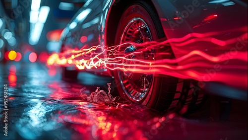 Dynamic urban car wheel close-up with red light trails, automotive technology, futuristic design. Generative AI