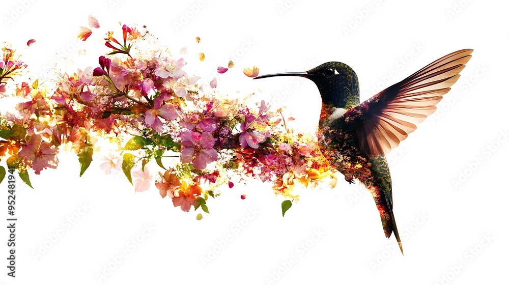 Obraz premium Ethereal Elegance: Hummingbird Silhouette in Double Exposure with Blooming Flowers under Bright Lighting