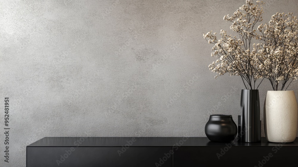 A close-up of a minimalist black dresser against a textured concrete wall, with subtle decor accents in a modern bedroom. Plenty of space for copy.