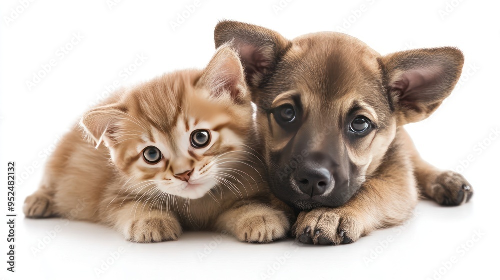 Closeup of a Puppy and Kitten Lying Together on a White Background Closeup of a Puppy and Kitten Lying Together on a White Background