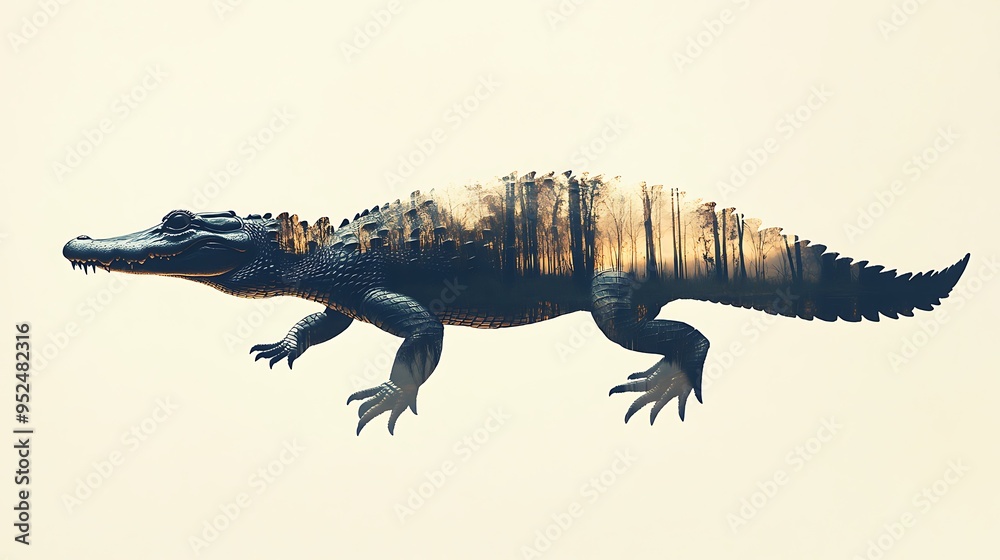 Naklejka premium Sinister Silhouette of a Crocodile in Murky Swamp Double Exposure - Hyper-realistic Predatory Atmosphere with Eerie Lighting