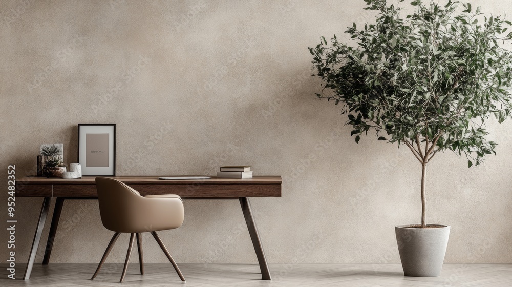 Fototapeta premium A minimalist workspace with a sleek wooden desk, a comfortable chair, and a few decorative elements like a potted plant and a framed picture. The background features a large, plain wall painted in a
