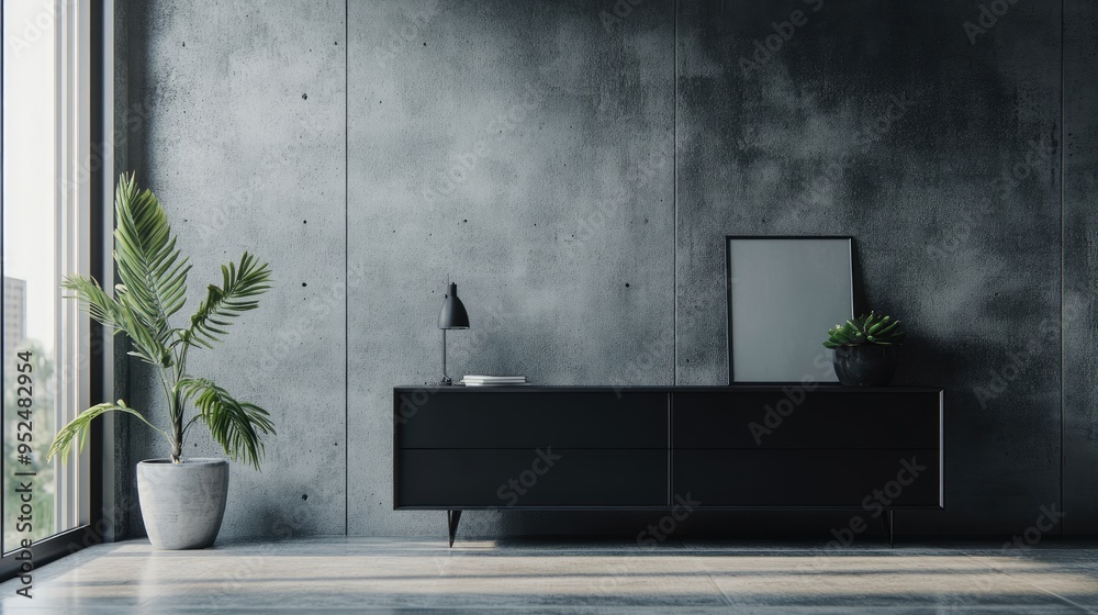 A modern bedroom featuring a black dresser with minimalist decor, set against concrete tiled paneling. Ample copy space for text or promotional content.