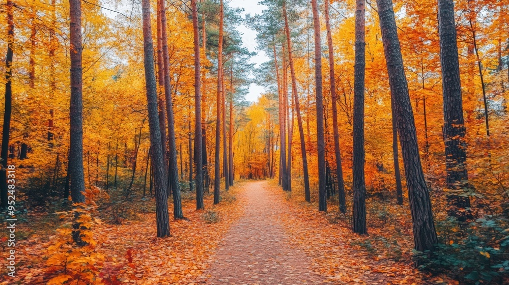 A picturesque autumn forest with trees in vibrant shades of orange, red, and yellow. The ground is covered with fallen leaves, creating a warm and inviting atmosphere. A narrow dirt path winds A picturesque autumn forest with trees in vibrant shades of orange, red, and yellow. The ground is covered with fallen leaves, creating a warm and inviting atmosphere. A narrow dirt path winds