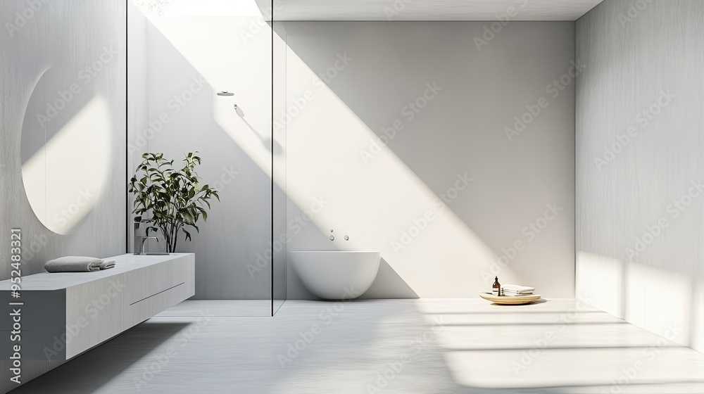 Fototapeta premium A modern, minimalist bathroom with light gray walls, a walk-in shower, and minimal decor, emphasizing clean lines and simplicity. Ample space for copy or branding.