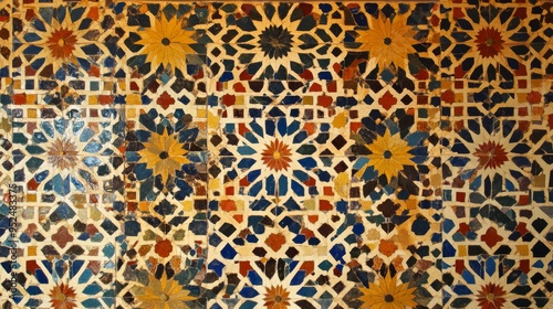 A richly decorated Moroccan-style wall with intricate geometric patterns in vibrant colors. The designs feature a mix of red, blue, and gold, arranged in symmetrical shapes reminiscent of traditional