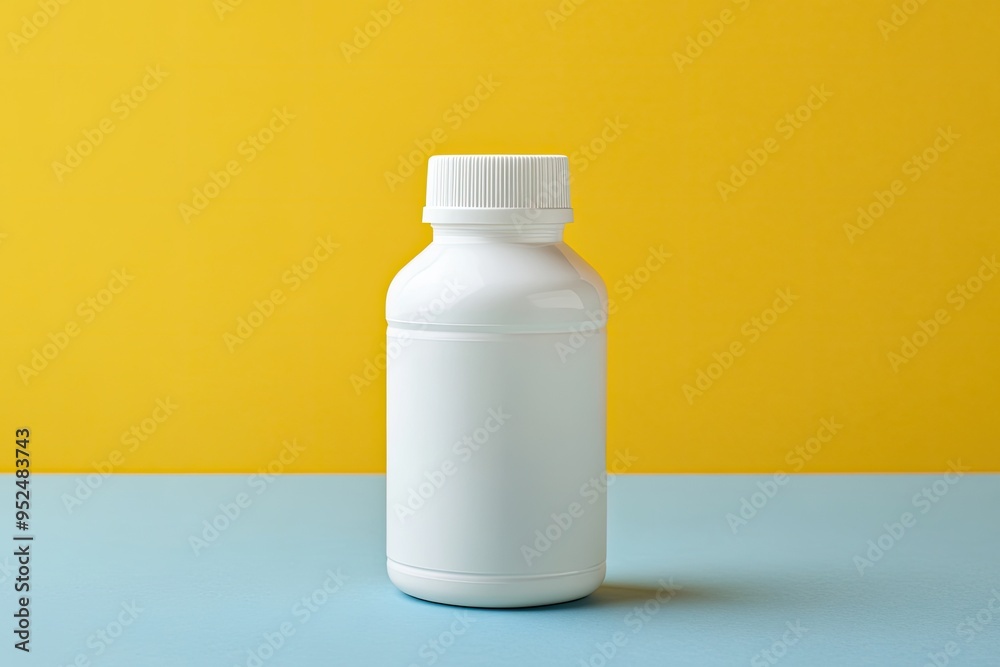 White bottle on a yellow and blue background. Ideal for showcasing products or branding designs.