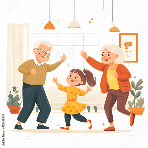 Grandparents and Grandchildren Dancing in the Living Room concept as A candid image of grandparents and grandchildren dancing together in the living room. The scene captures the joy energy and carefre photo