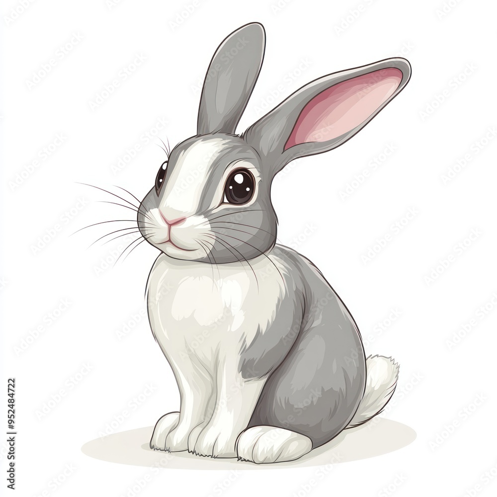 Obraz premium A Gray and White Rabbit with Big Eyes Sitting on a White Background
