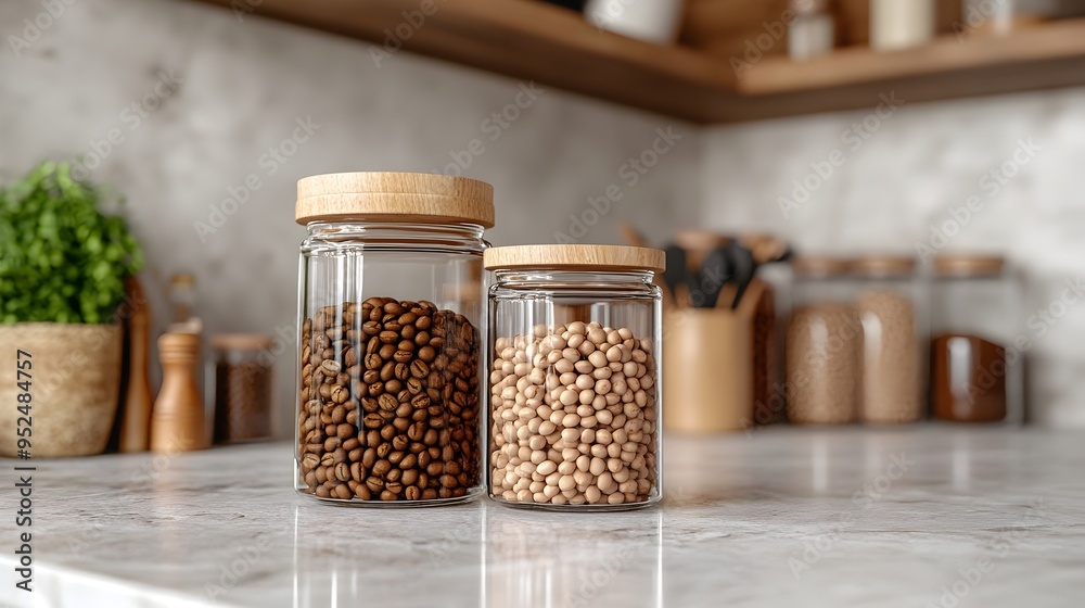 Separate Glass Jars Showcasing Coffee Beans and Soybeans on Kitchen Counter Separate Glass Jars Showcasing Coffee Beans and Soybeans on Kitchen Counter