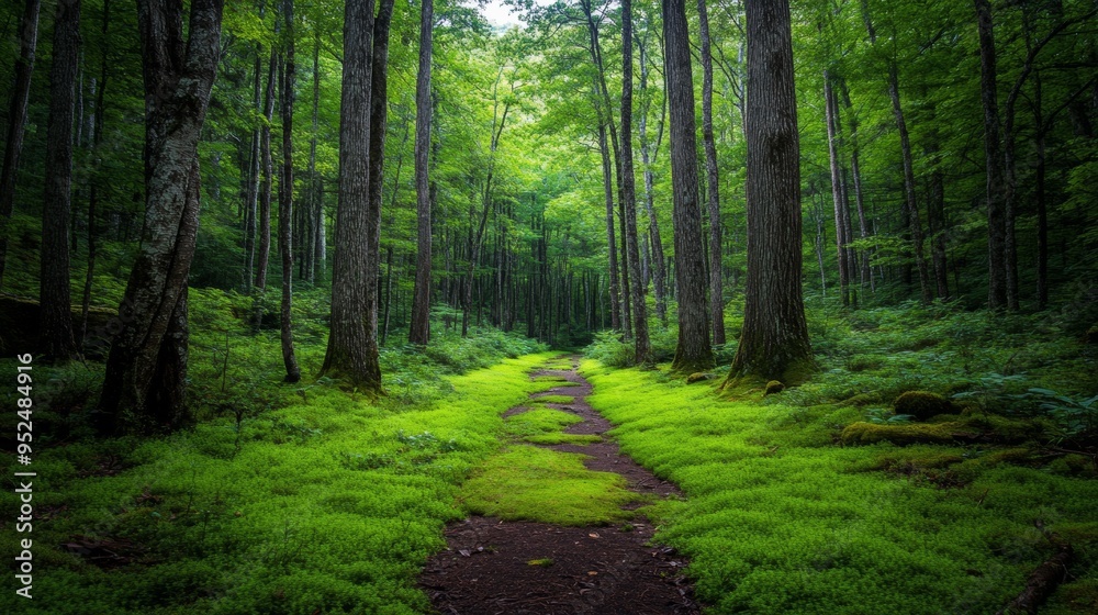 Fototapeta premium A serene forest path with tall trees on either side, their branches forming a natural canopy overhead. The ground is covered with soft moss and fallen leaves, creating a peaceful and inviting