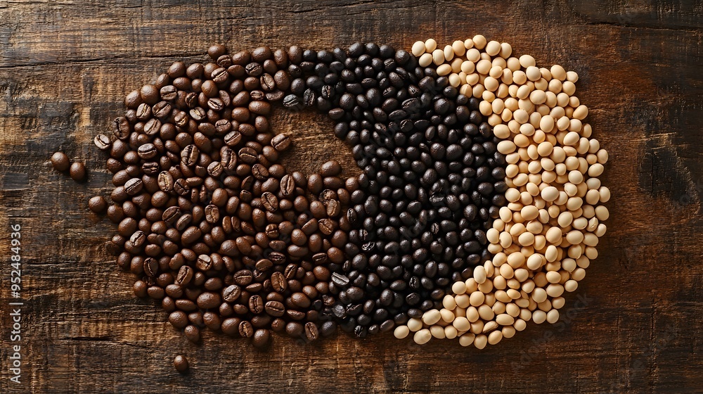 Top View of Coffee and Soybean Yin Yang Pattern on Rustic Table Top View of Coffee and Soybean Yin Yang Pattern on Rustic Table