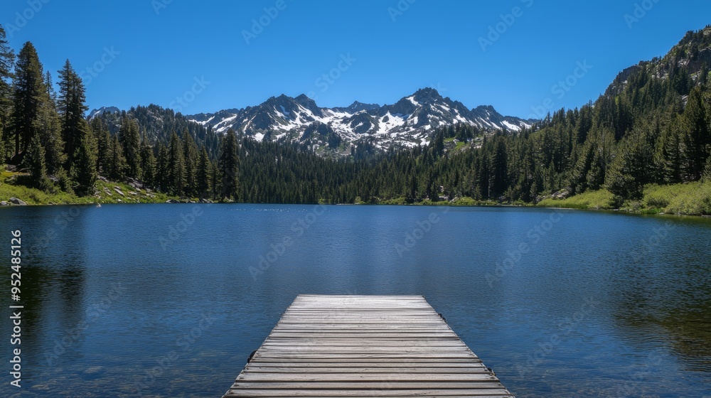 A serene mountain lake surrounded by tall pine trees and snow-capped peaks in the distance. The calm water reflects the clear blue sky and the surrounding landscape, creating a peaceful and A serene mountain lake surrounded by tall pine trees and snow-capped peaks in the distance. The calm water reflects the clear blue sky and the surrounding landscape, creating a peaceful and