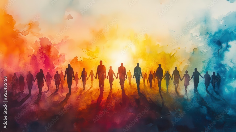 ethereal watercolor scene of diverse figures walking towards light soft pastels blend into white silhouettes hold hands creating unity dreamy atmosphere ethereal watercolor scene of diverse figures walking towards light soft pastels blend into white silhouettes hold hands creating unity dreamy atmosphere