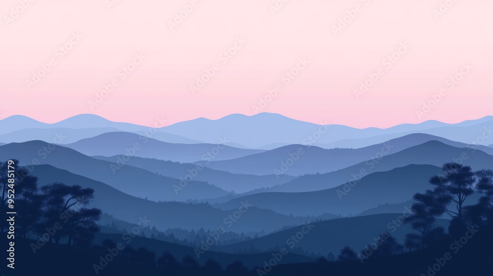 Obraz premium A serene mountain landscape at dusk, with layers of rolling hills and distant peaks fading into the horizon. The muted colors of the scene, ranging from deep blues to soft purples, create a tranquil