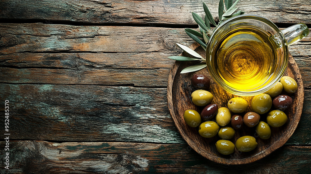 A Glass Pot Full of Olive Oil and a Plate of Mixed Olives A Glass Pot Full of Olive Oil and a Plate of Mixed Olives