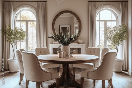 A cozy and elegant dining room, round wooden table with intricate carvings, upholstered chairs in beige hues, arched mirror with ornate frame, potted plants by the windows, natural light streaming in,