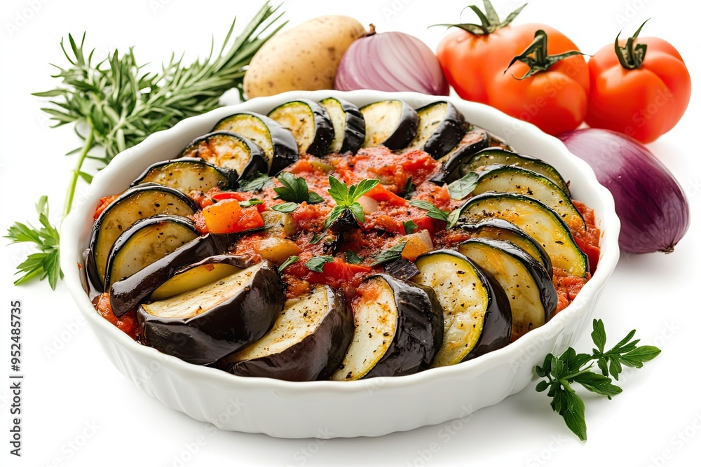 Ratatouille, vegetable stew of sliced eggplant, zucchini, onion and potato with tomato sauce, ingredients at the background, french cuisine, horizontal view from above isolated on white background Ratatouille, vegetable stew of sliced eggplant, zucchini, onion and potato with tomato sauce, ingredients at the background, french cuisine, horizontal view from above isolated on white background